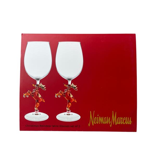 Neiman Marcus Christmas Reindeer Wine Glass Set of 2 in Holiday Red Gift Box NEW - Picture 2 of 13